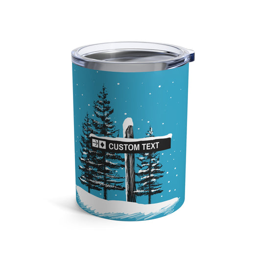 Front view of the Custom Ski Trail Sign Tumbler on a white background, featuring a sleek, stainless steel design with personalized text and ski trail graphics.