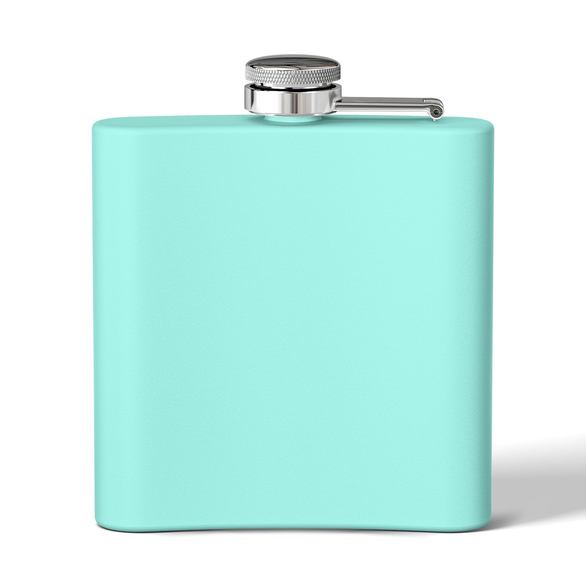 Back view of teal color curved stainless steel fishing flask with blank surface on white background