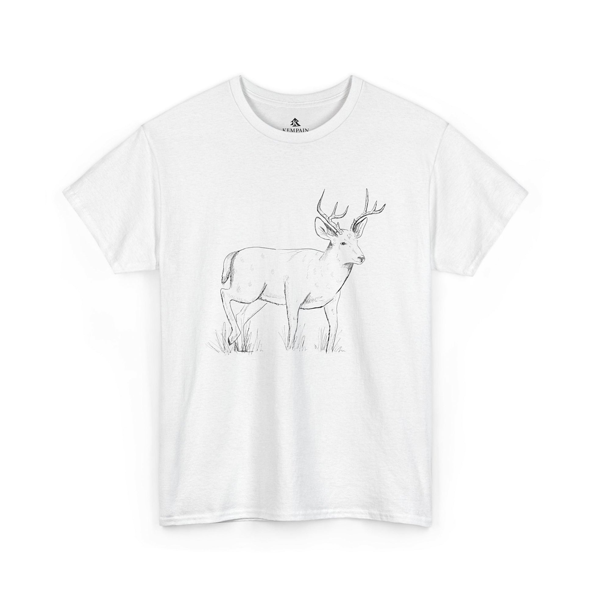 A white t-shirt on white background with an illustration of a whitetail buck on front. 