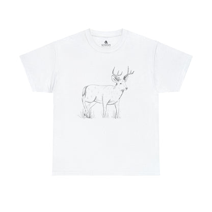 A white t-shirt on white background with an illustration of a whitetail buck on front. 