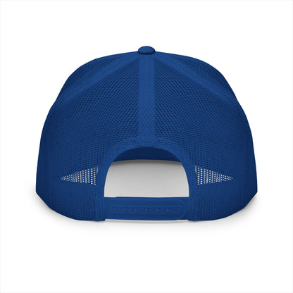 Back view of blue mesh trucker hat with adjustable snapback closure, showing breathable structure and classic fit.