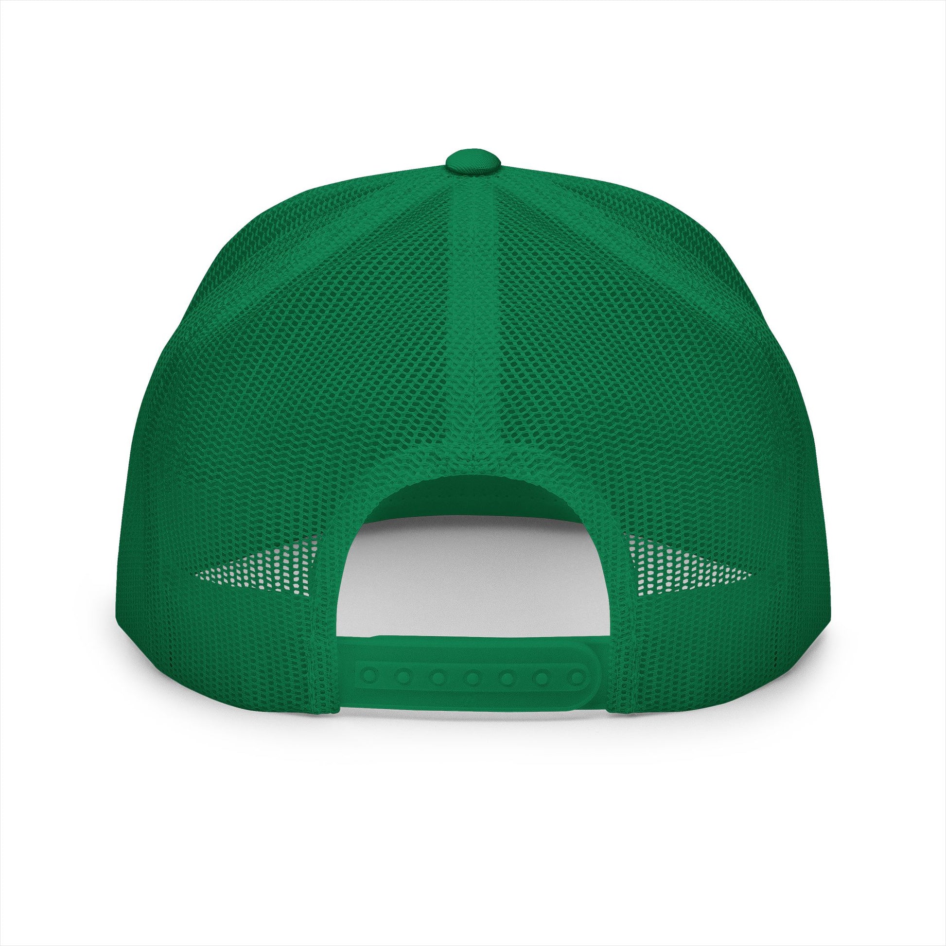 Back view of green mesh trucker hat with adjustable snapback closure, showing breathable structure and classic fit.