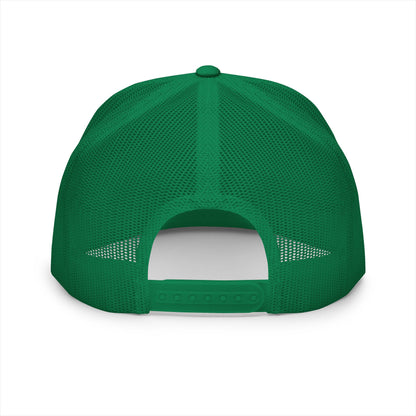 Back view of green mesh trucker hat with adjustable snapback closure, showing breathable structure and classic fit.