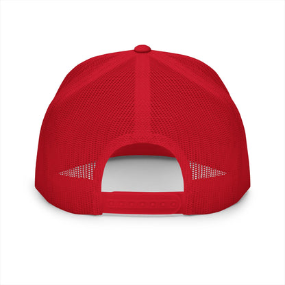 Back view of red mesh trucker hat with adjustable snapback closure, showing breathable structure and classic fit.