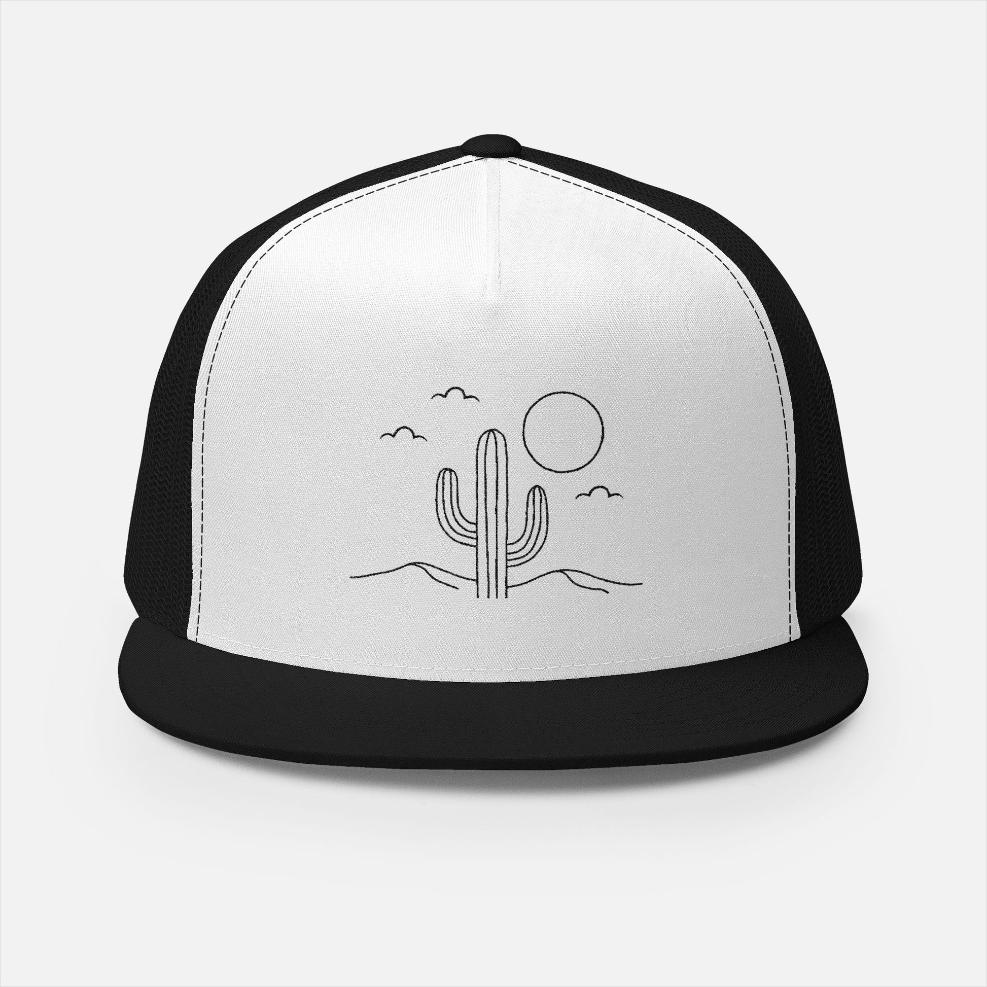 Front view of two-tone trucker hat with white panel and black mesh and rim, featuring minimalist cactus, sun, and clouds line embroidery.