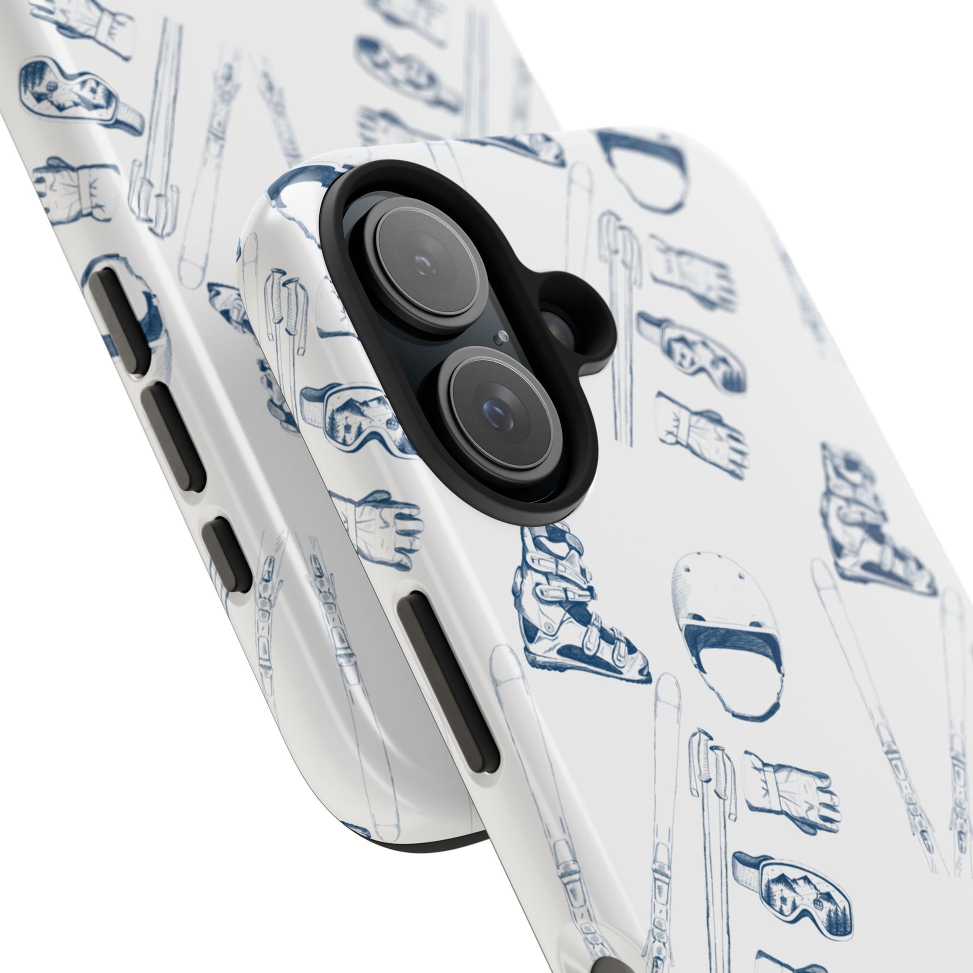 Close-up detail view of the camera cutout on a phone case with a ski lovers pattern, where ski boots, helmet, skis, gloves, goggles, and ski poles creatively spell 'LOVE', designed for iPhone and Samsung models.