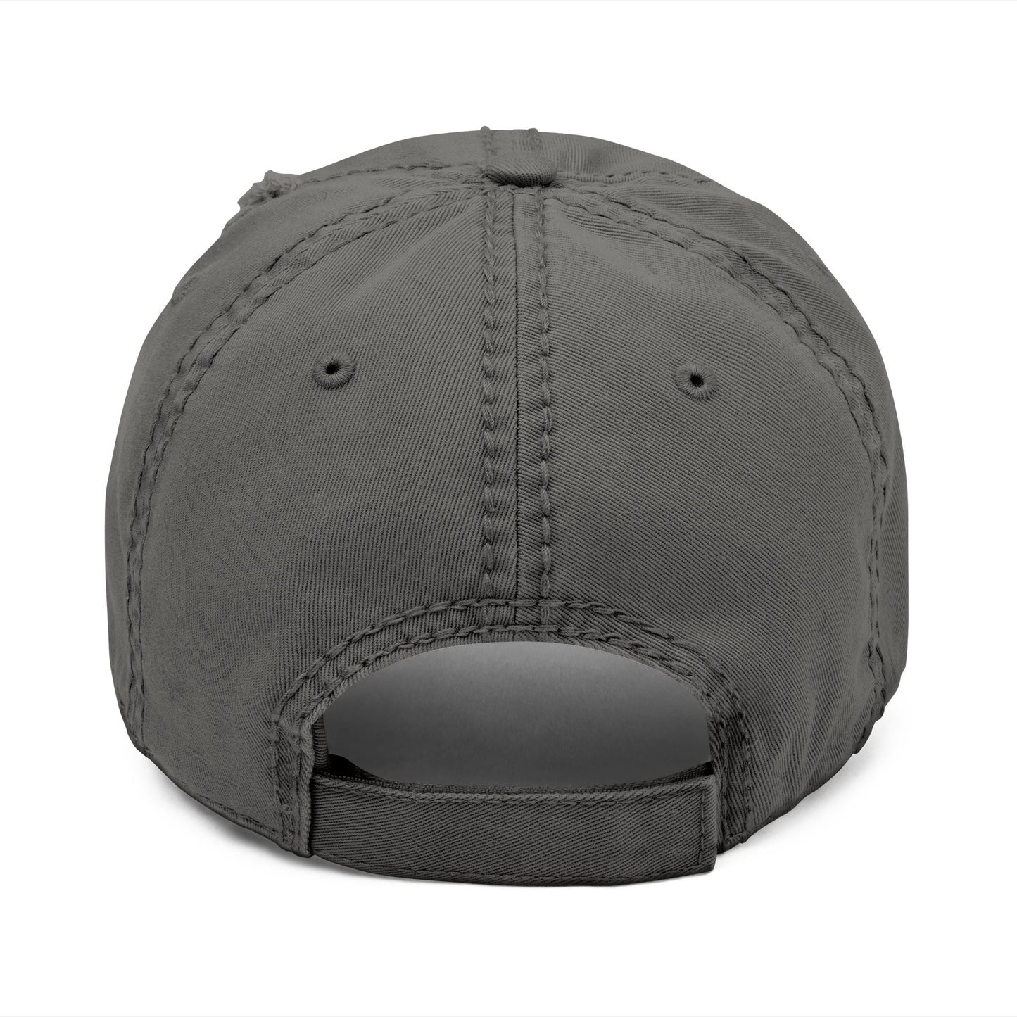 Back view of grey option of the Distressed Fishing Fly Dad Hat on a white background, highlighting the adjustable strap and relaxed, unstructured fit.