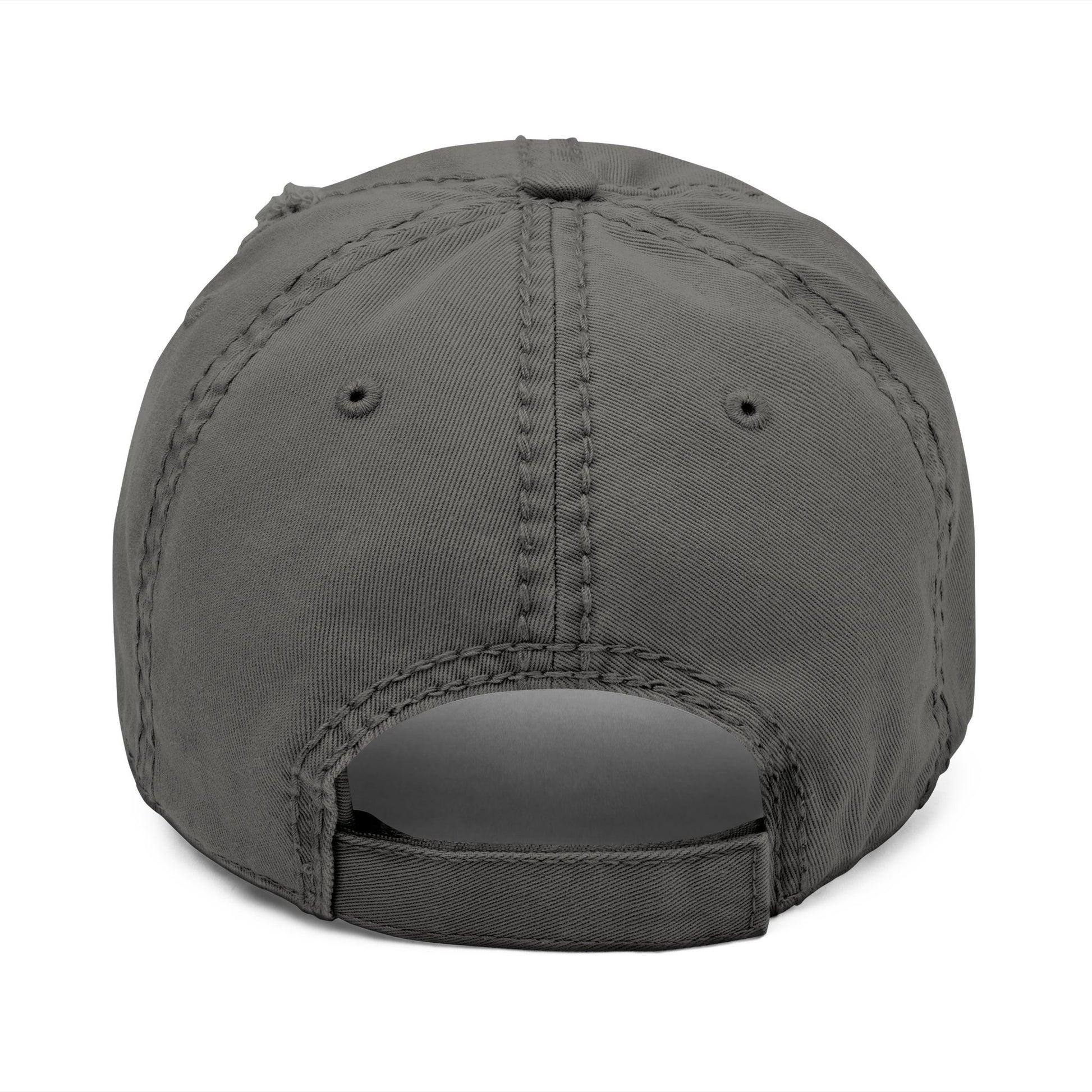 Back view of grey option of the Distressed Fishing Fly Dad Hat on a white background, highlighting the adjustable strap and relaxed, unstructured fit.