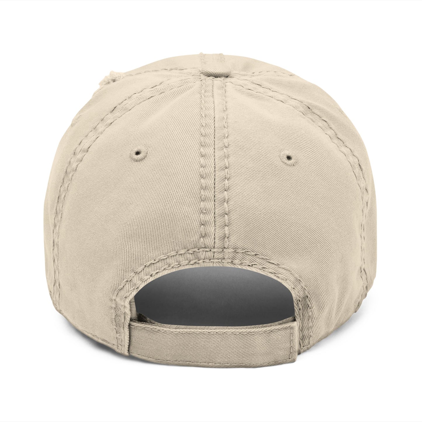 Back view in tan color of the Distressed Fishing Fly Dad Hat on a white background, highlighting the adjustable strap and relaxed, unstructured fit.