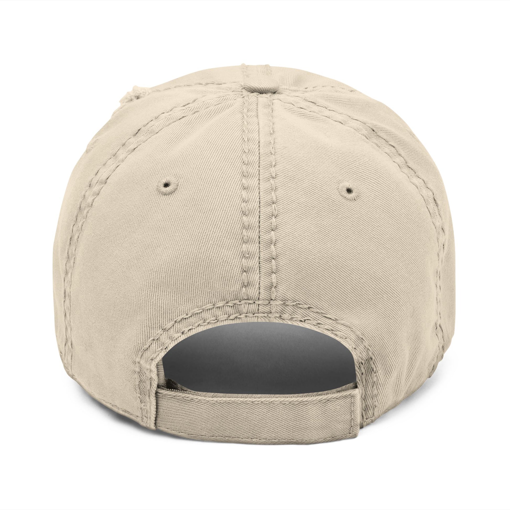 Back view in tan color of the Distressed Fishing Fly Dad Hat on a white background, highlighting the adjustable strap and relaxed, unstructured fit.
