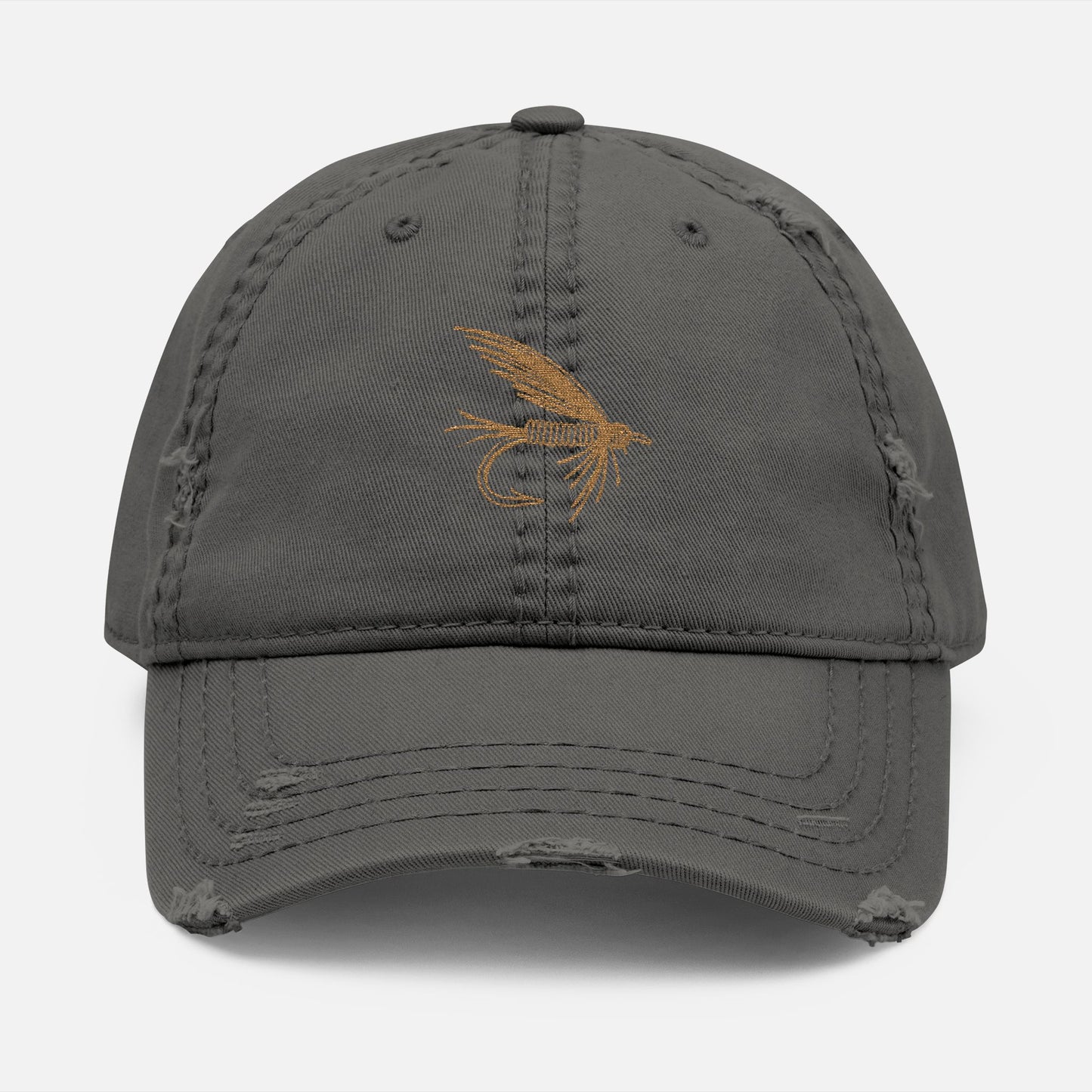 Front view of grey option featuring the Distressed Fishing Fly Dad Hat on a white background, showing the embroidered fishing fly design and pre-worn, rugged cotton twill finish.