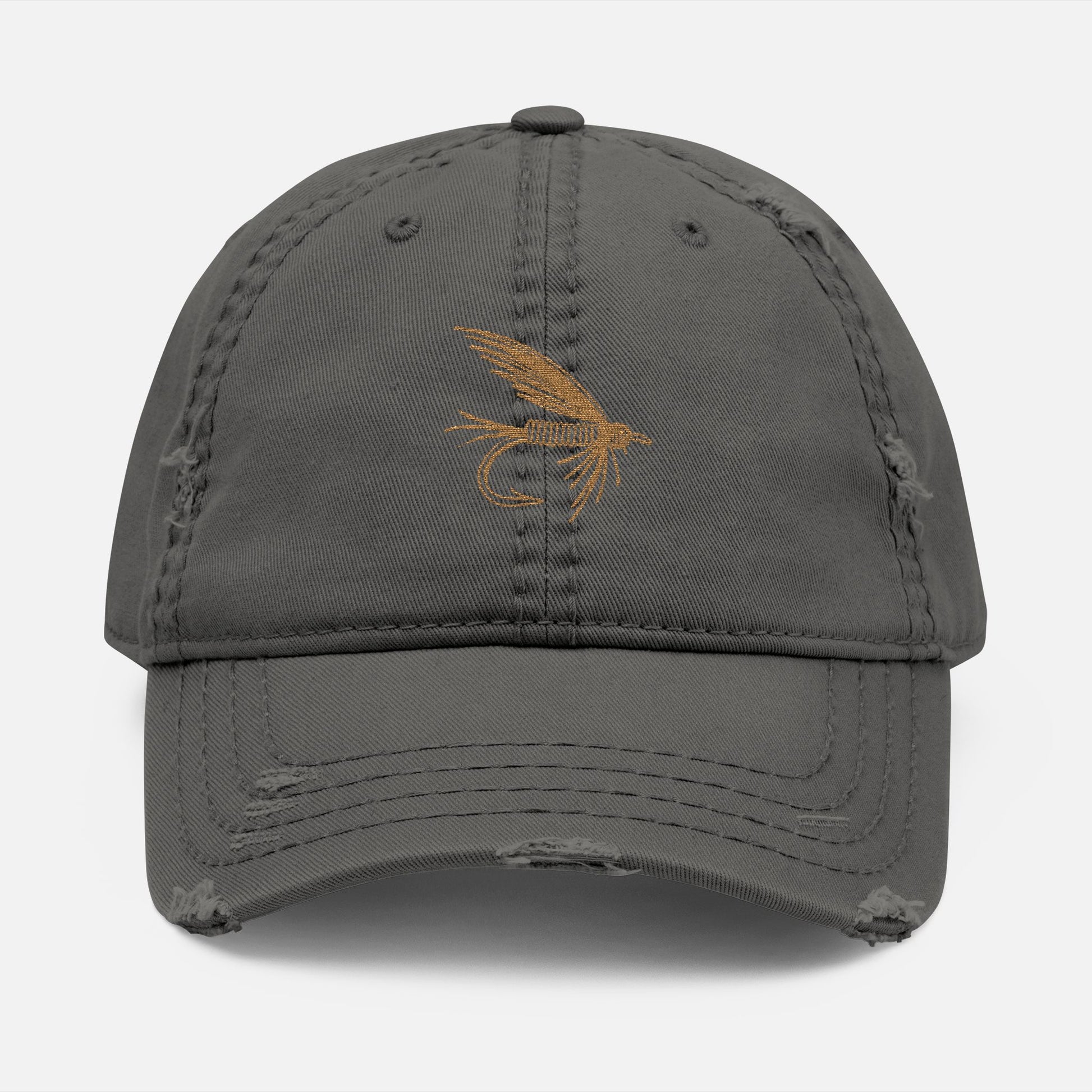 Front view of grey option featuring the Distressed Fishing Fly Dad Hat on a white background, showing the embroidered fishing fly design and pre-worn, rugged cotton twill finish.