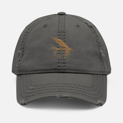 Front view of grey option featuring the Distressed Fishing Fly Dad Hat on a white background, showing the embroidered fishing fly design and pre-worn, rugged cotton twill finish.