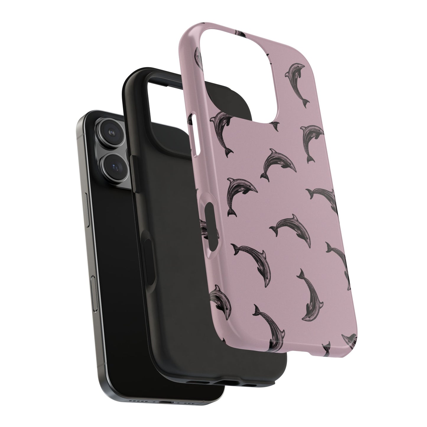 A dolphin pattern phone case with a purple color base on a white background with expanded view showing the shock absorbing rubber liner. Perfect for anyone who loves the ocean.