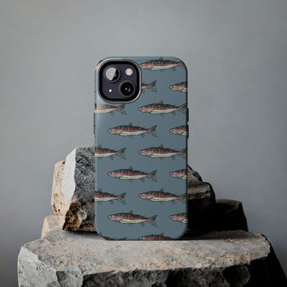 Illustrated rainbow trout durable phone case for anglers on a rock lifestyle view.  Compatible with iPhone and Samsung Models. 