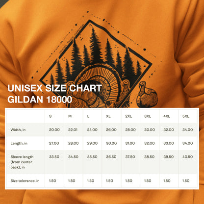 Size chart for the Echo of Timber Crewneck, providing detailed measurements for a comfortable fit.