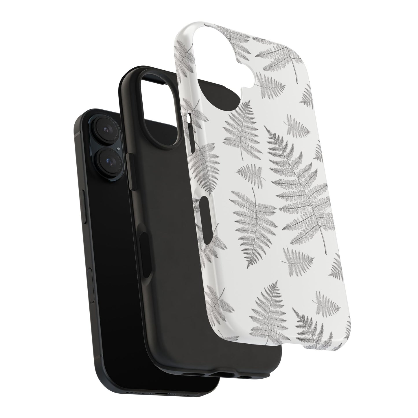 Exploded view of a phone case with a fern leaf pattern, showing its individual parts and how it fits on iPhone and Samsung models, highlighting the elegant nature-inspired design.