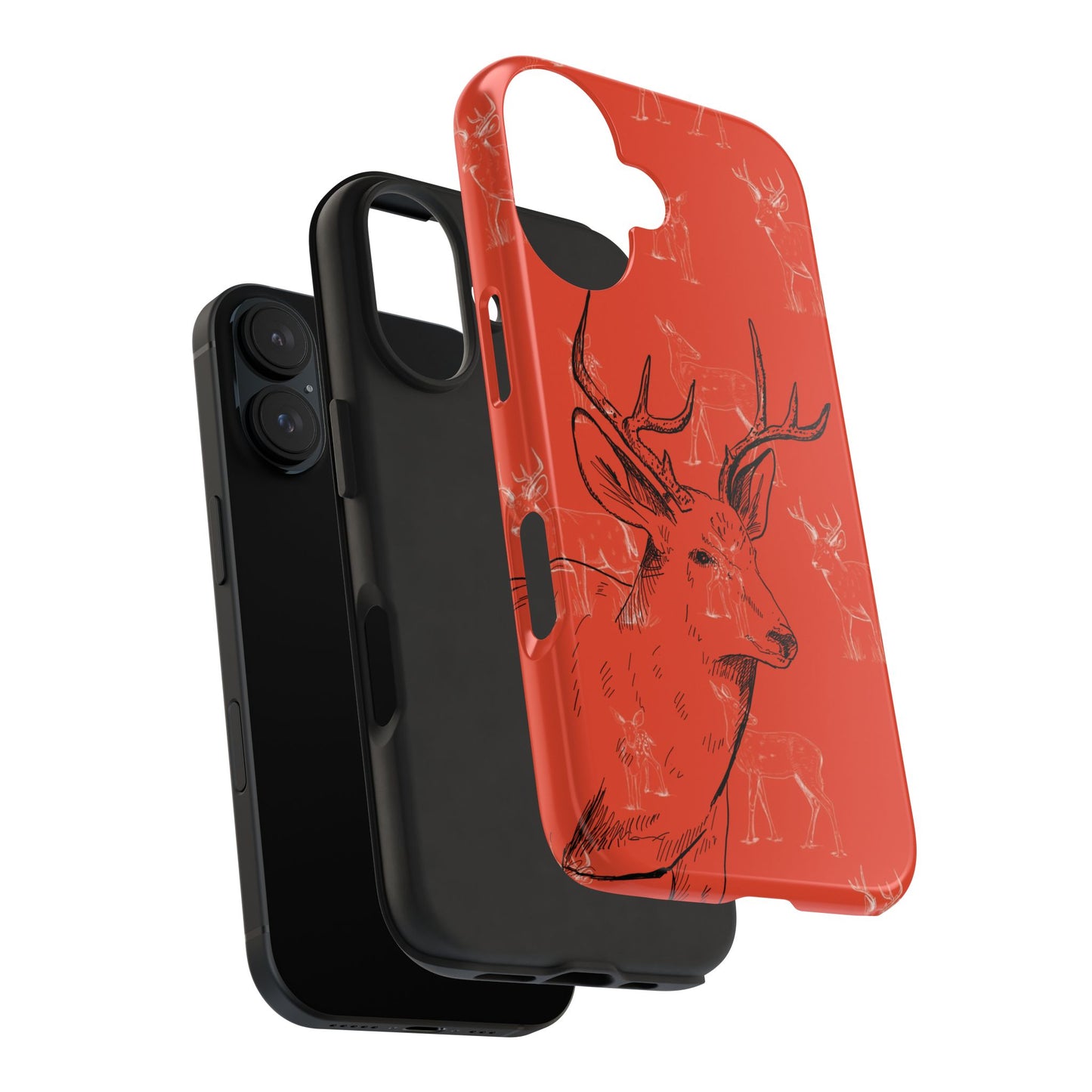 Exploded view of Phone case for iPhone and Samsung models featuring a hunter orange background with a detailed buck and antlers design, perfect for outdoor and hunting enthusiasts showing how it fits on phone and what interior shell looks like.