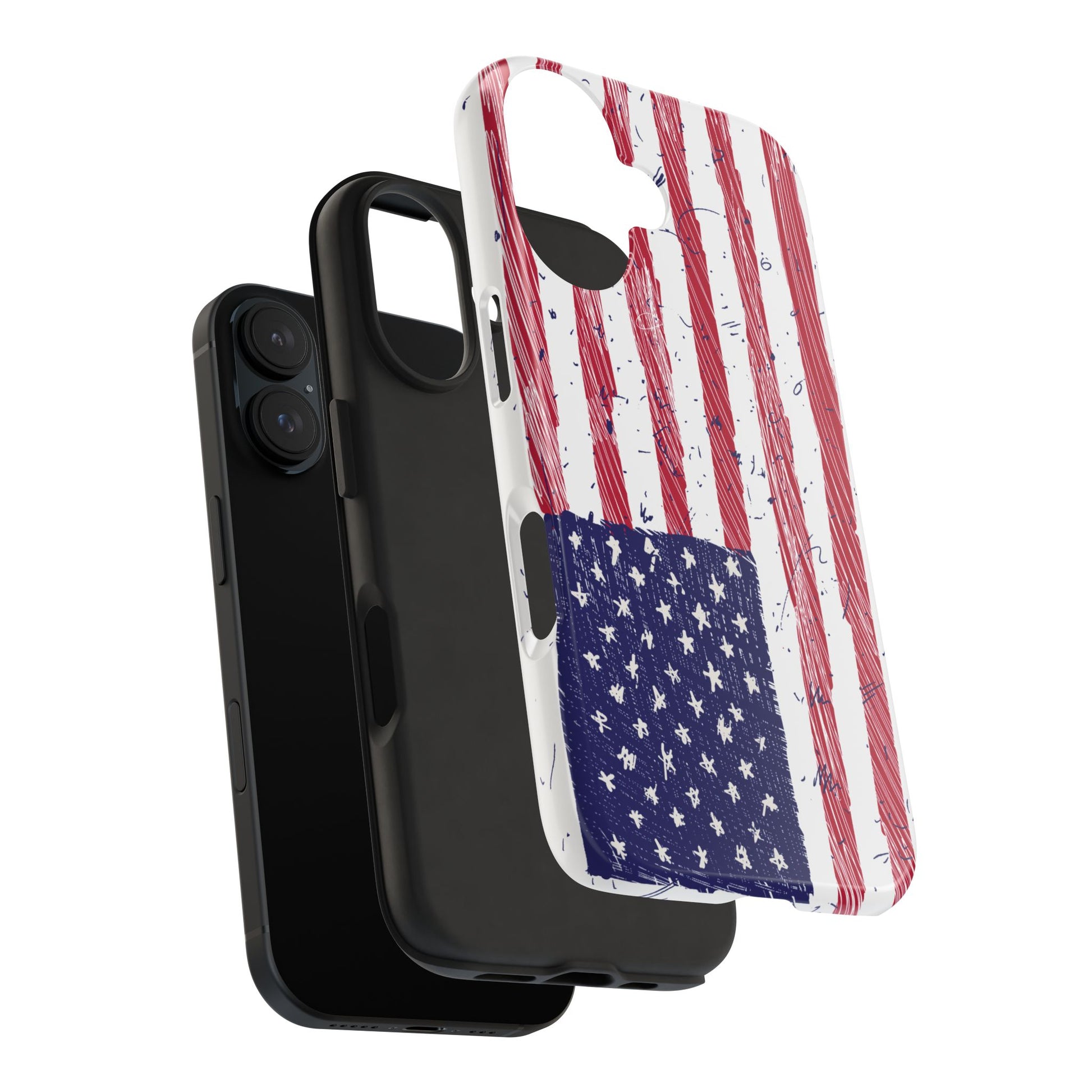 Exploded view showing the individual parts of an iPhone and Samsung phone case with an illustrated American flag design, highlighting the case’s construction and components.
