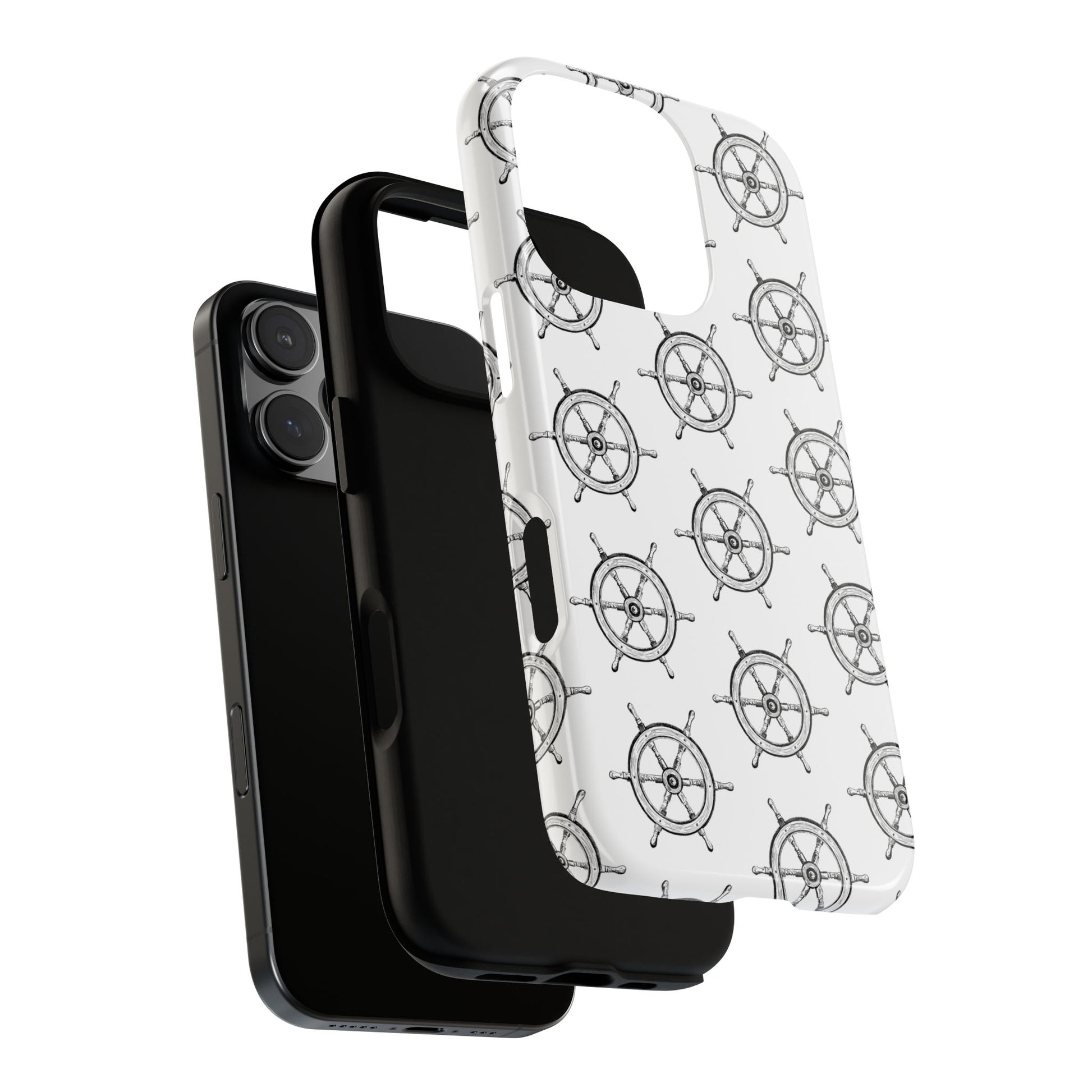 Exploded view of a phone case featuring an old shipwheel pattern, designed for iPhone and Samsung models, highlighting the components and how the case fits together with the intricate nautical design.