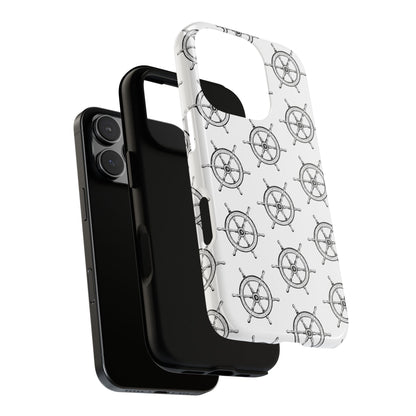 Exploded view of a phone case featuring an old shipwheel pattern, designed for iPhone and Samsung models, highlighting the components and how the case fits together with the intricate nautical design.