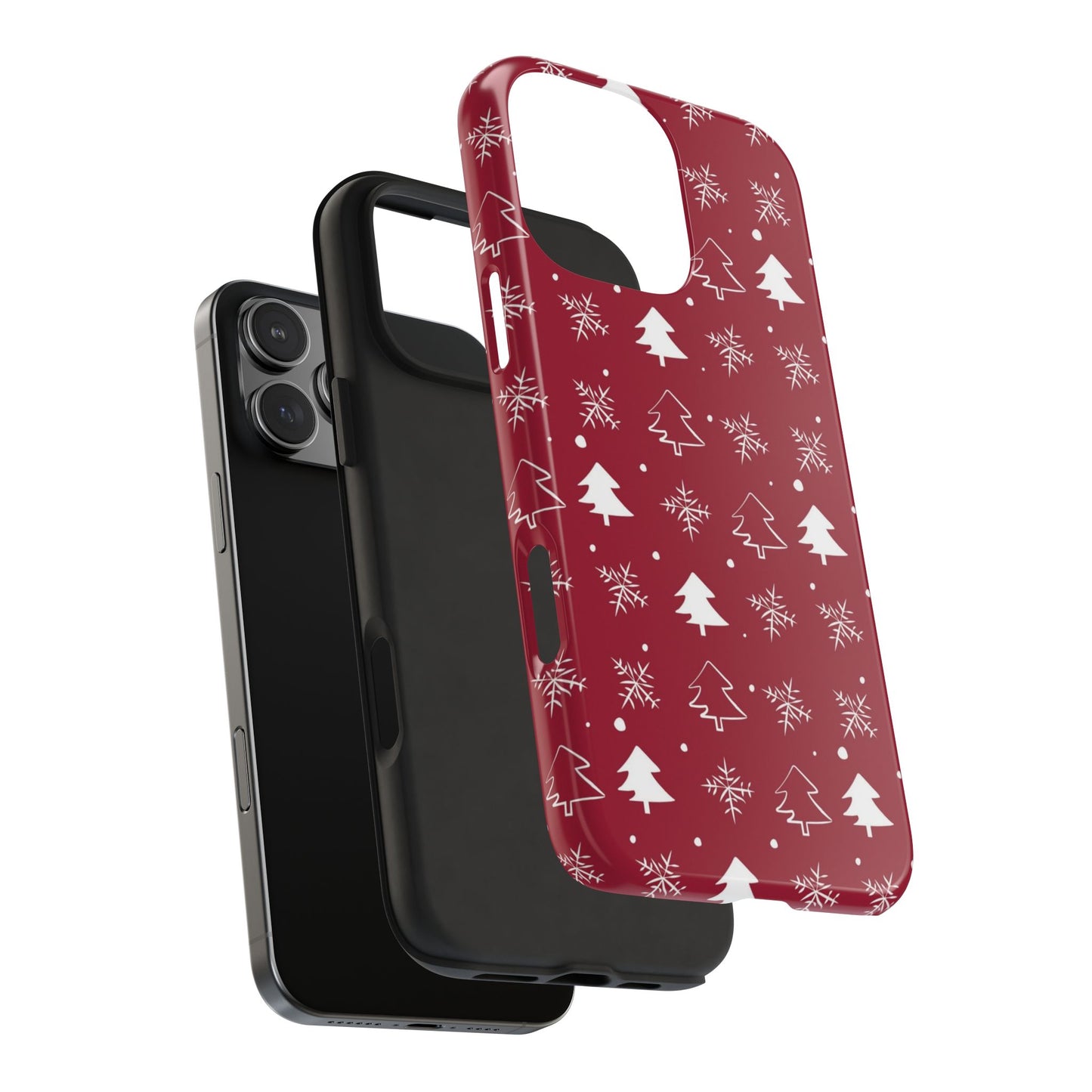 Exploded view of a phone case with a winter pattern featuring snowflakes and Christmas trees, showing its individual components and how it fits on iPhone and Samsung models.