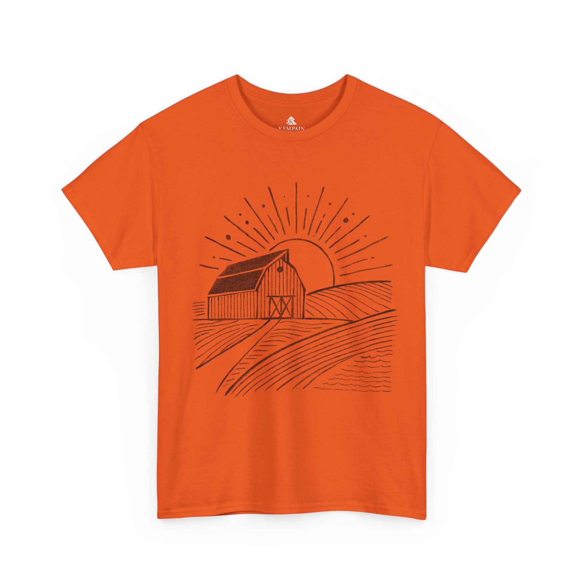 Farm Barn Scene T-Shirt in orange on a white background, showcasing a rustic farm-inspired design ideal for those who appreciate rural landscapes, available in sizes Small through 5XL.