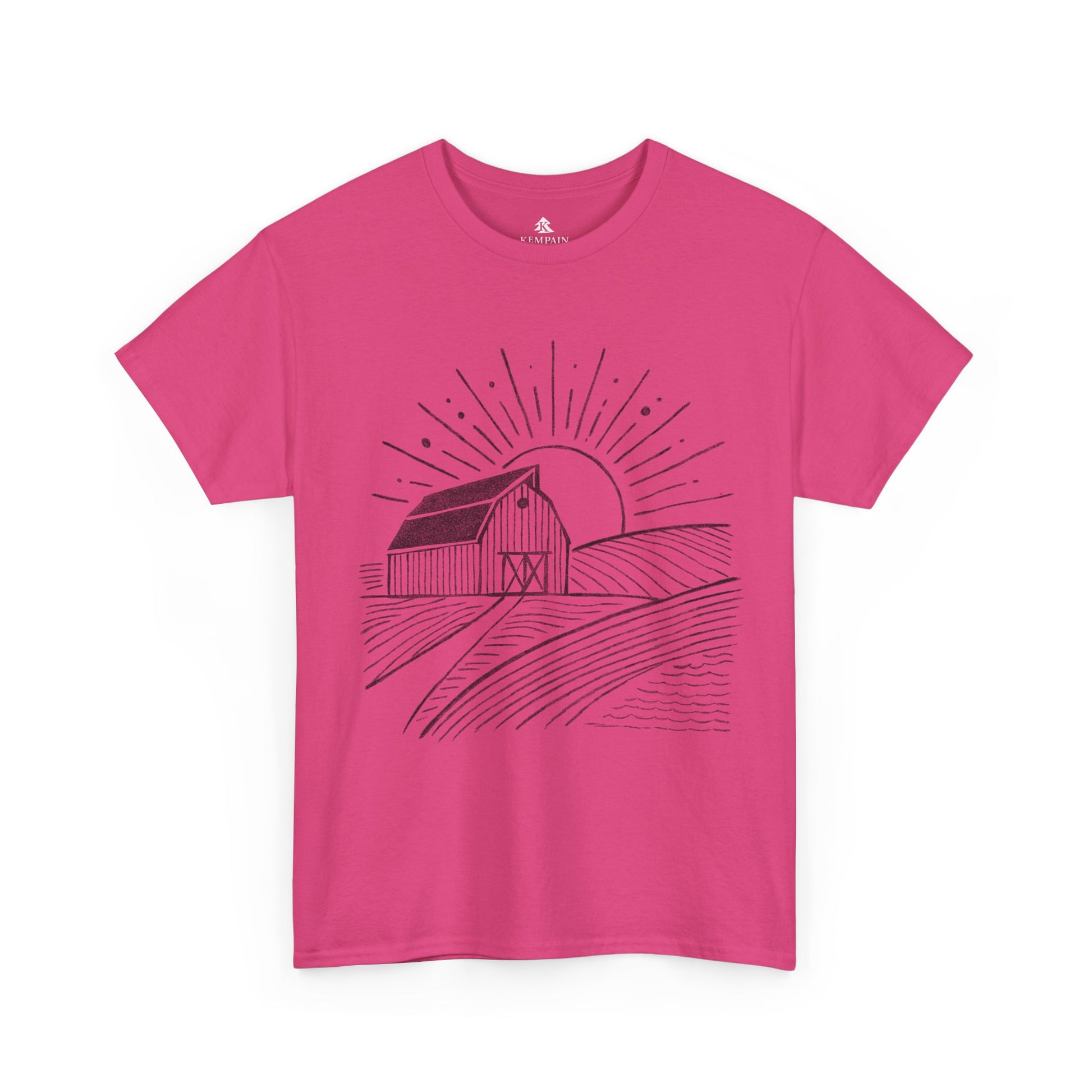 Farm Barn Scene T-Shirt in pink on a white background, showcasing a rustic farm-inspired design ideal for those who appreciate rural landscapes, available in sizes Small through 5XL.