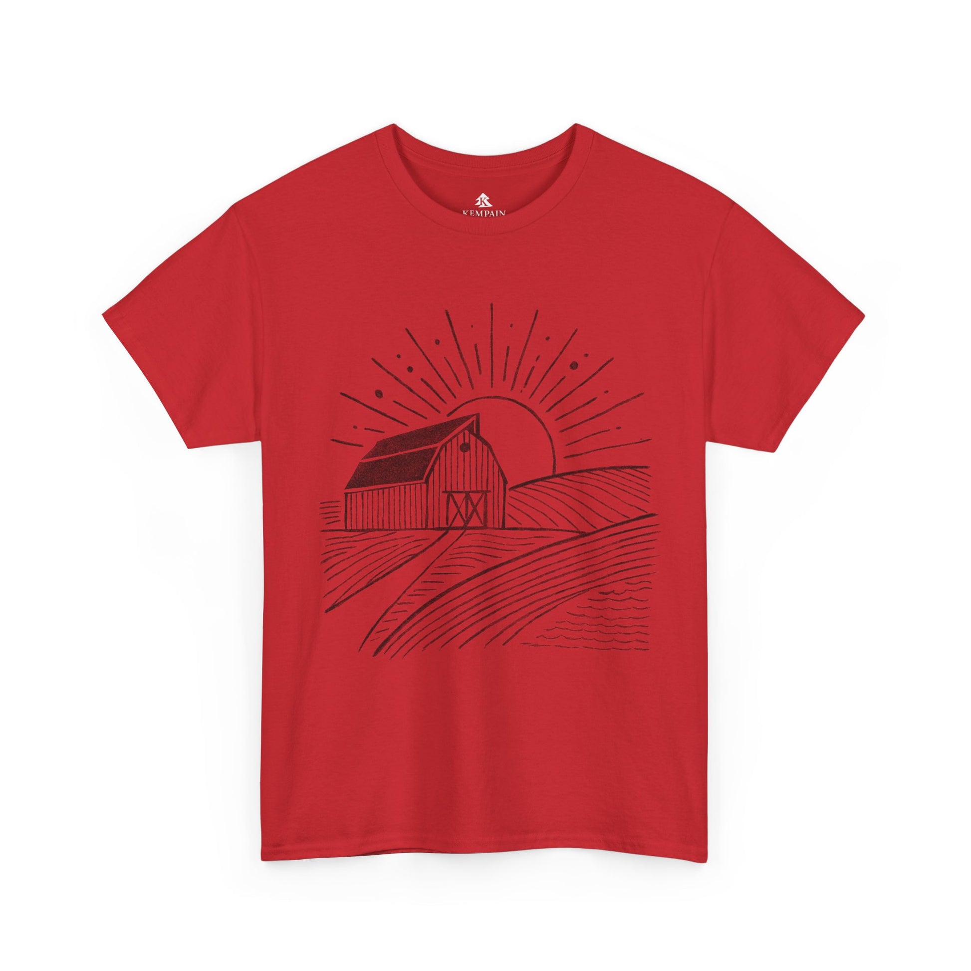 Farm Barn Scene T-Shirt in red on a white background, showcasing a rustic farm-inspired design ideal for those who appreciate rural landscapes, available in sizes Small through 5XL.
