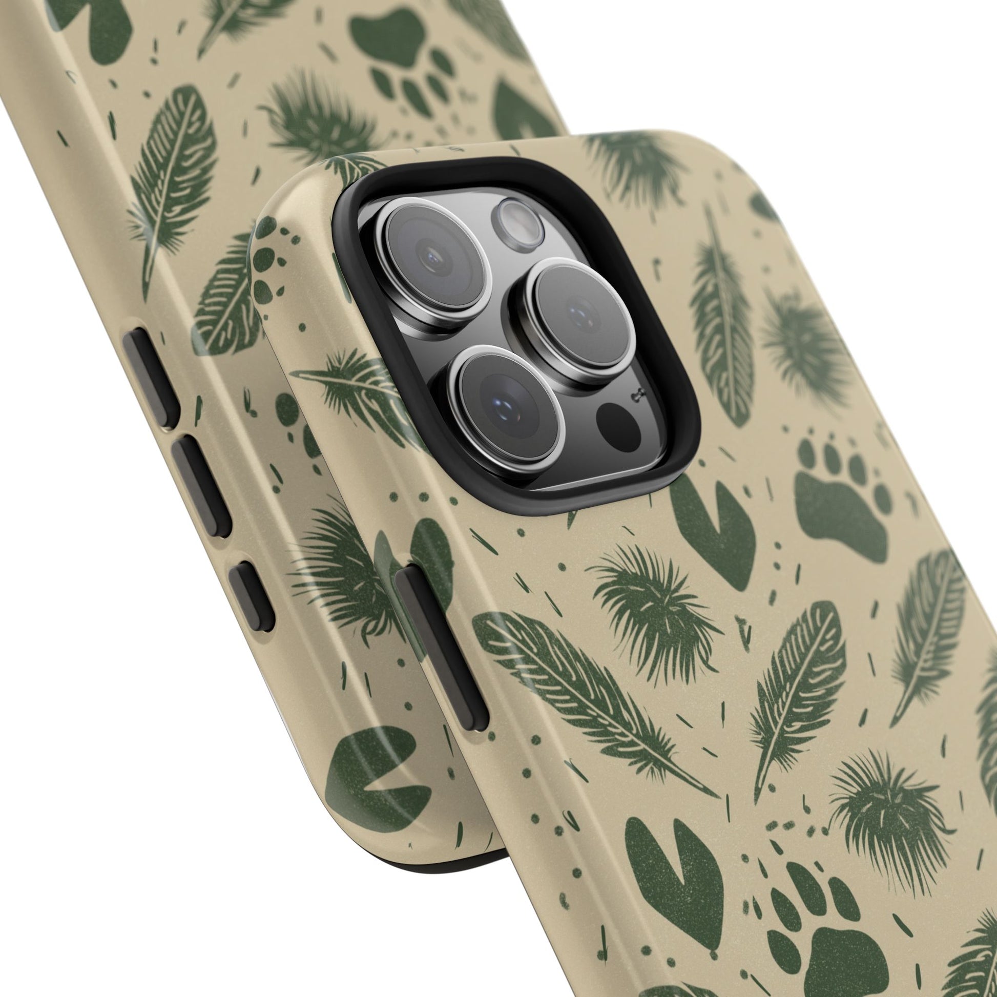 Close-up angled view of Feathers, Fur & Footprints Phone Case on white background, highlighting camera cutout and detailed illustration near the top of the case."
