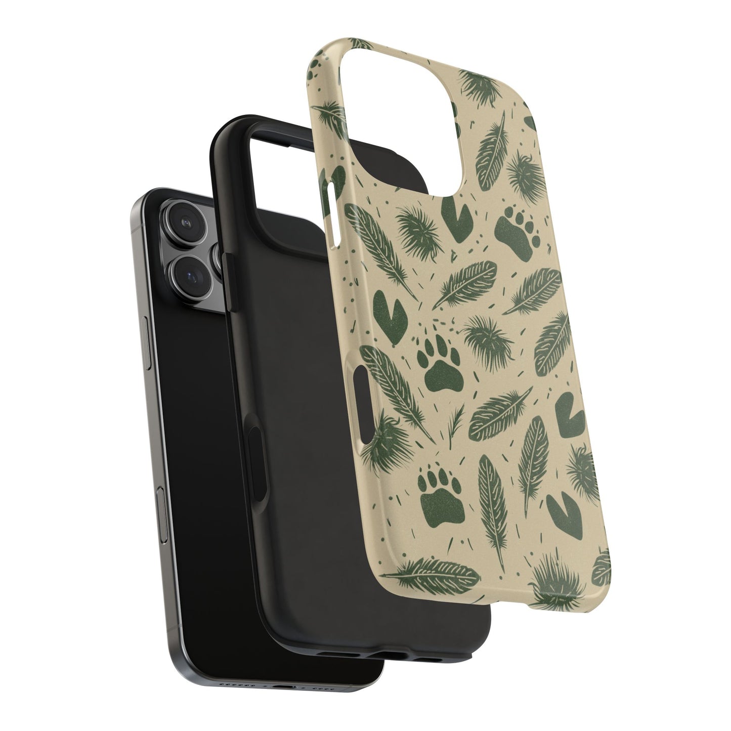 Exploded view of Feathers, Fur & Footprints Phone Case on white background, showing durable rubber liner and rigid outer shell components.