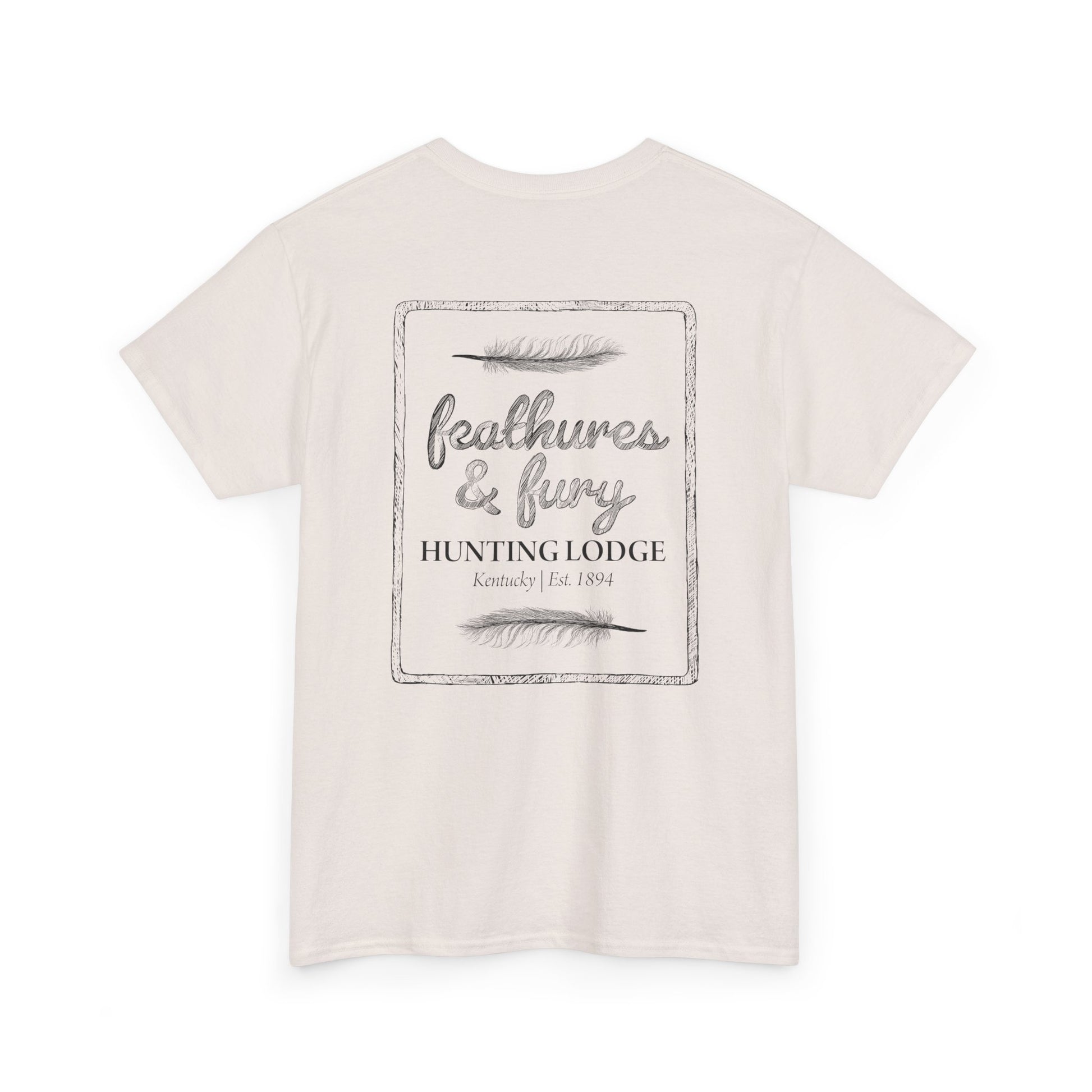 Off-White Feathers & Fury Hunting Lodge Tee back view on a white background, showcasing a bold hunting-inspired design for turkey hunters.