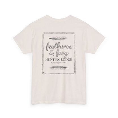 Off-White Feathers & Fury Hunting Lodge Tee back view on a white background, showcasing a bold hunting-inspired design for turkey hunters.