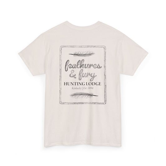 Off-White Feathers & Fury Hunting Lodge Tee back view on a white background, showcasing a bold hunting-inspired design for turkey hunters.