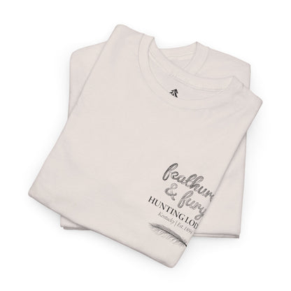 Folded Feathers & Fury Hunting Lodge Tee on a white background, highlighting its comfortable fabric and detailed turkey hunting graphic.