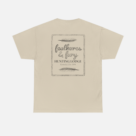 Sand Feathers & Fury Hunting Lodge Tee back view on a white background, showcasing a bold hunting-inspired design for turkey hunters.