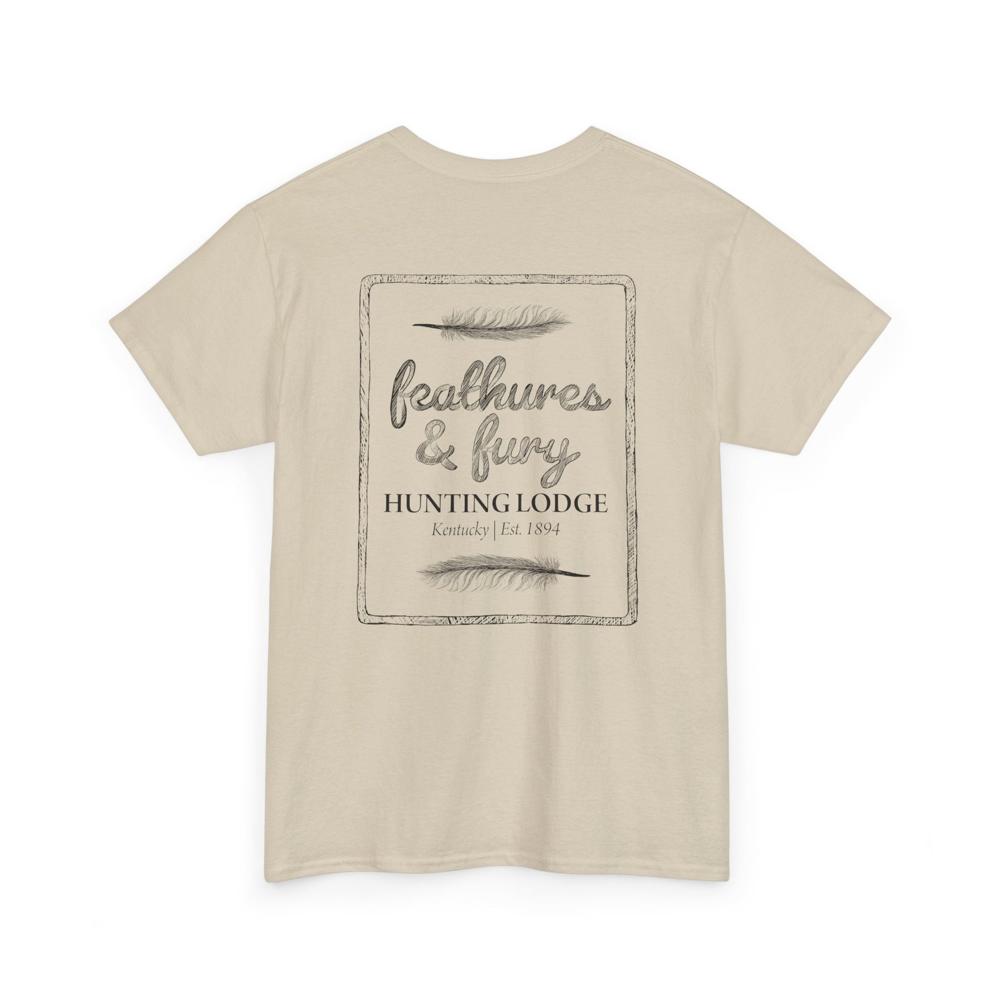 Sand Feathers & Fury Hunting Lodge Tee back view on a white background, showcasing a bold hunting-inspired design for turkey hunters.