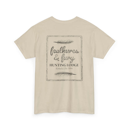 Sand Feathers & Fury Hunting Lodge Tee back view on a white background, showcasing a bold hunting-inspired design for turkey hunters.