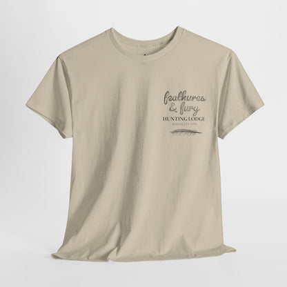 Sand color Feathers & Fury Hunting Lodge Tee front view on a white background, featuring a rugged turkey hunting design, perfect for outdoor and hunting enthusiasts.