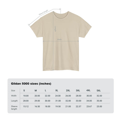 An image of size chart for this hunting tee featuring Unisex Gildan 5000 sizes in inches for width, length, and sleeve.  