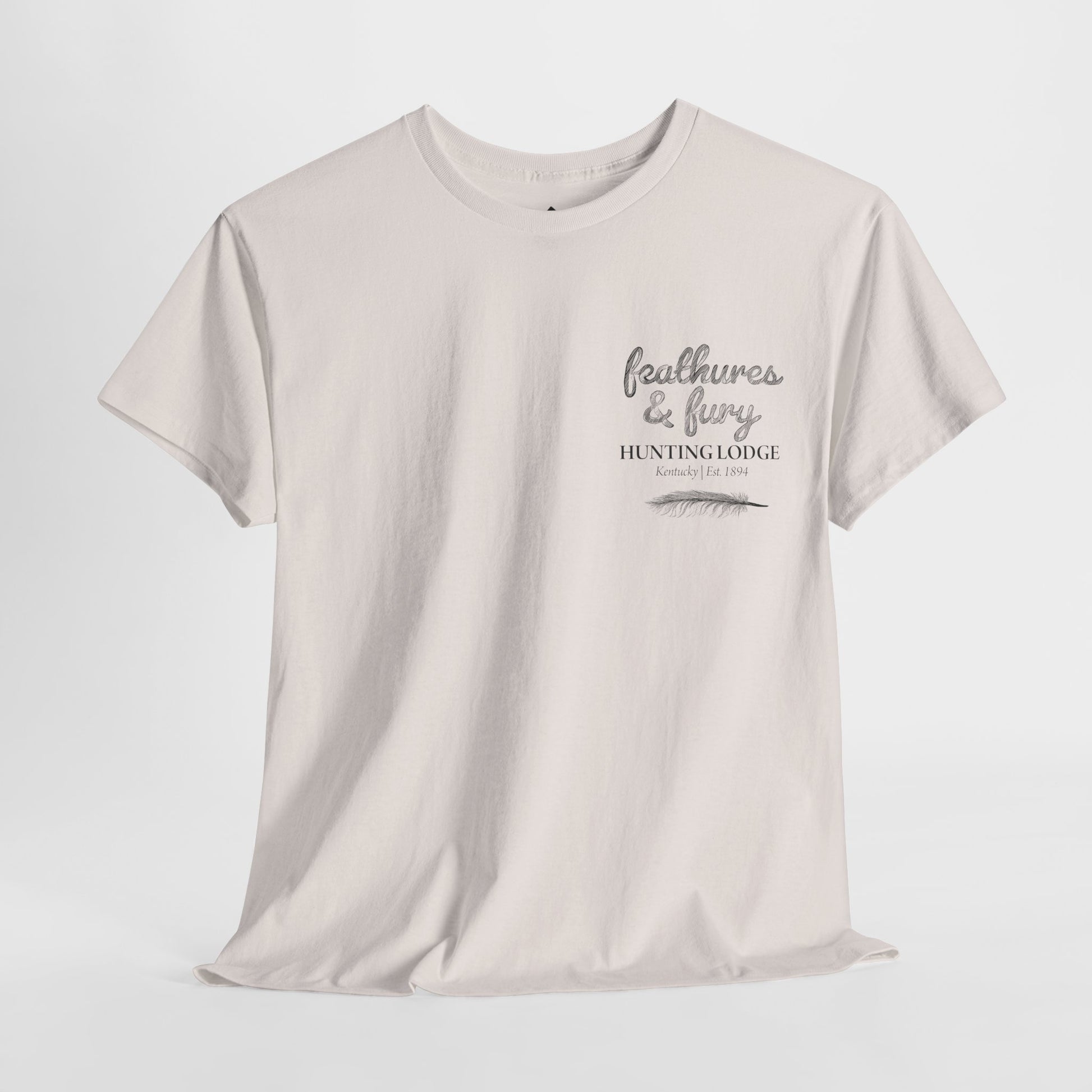 Feathers & Fury Hunting Lodge Tee front view on a white background, featuring a rugged turkey hunting design, perfect for outdoor and hunting enthusiasts.
