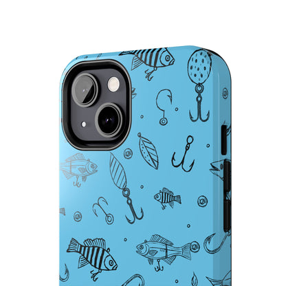 A unique Illustrated Fish Lure pattern iPhone Case displayed on a white background, highlighting its rugged and stylish design by Kempain Family Outfitters. 