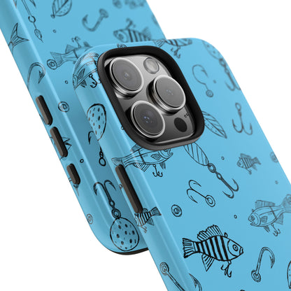 A close up angle view of Kempain Family Outfitters Fish Lure iPhone Case displayed on a white background, highlighting its rugged and stylish design and camera and button cutouts.