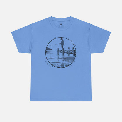 Fisherman Dockside Tee in blue on a white background, showcasing a peaceful fishing-inspired design for nature lovers and fishermen.