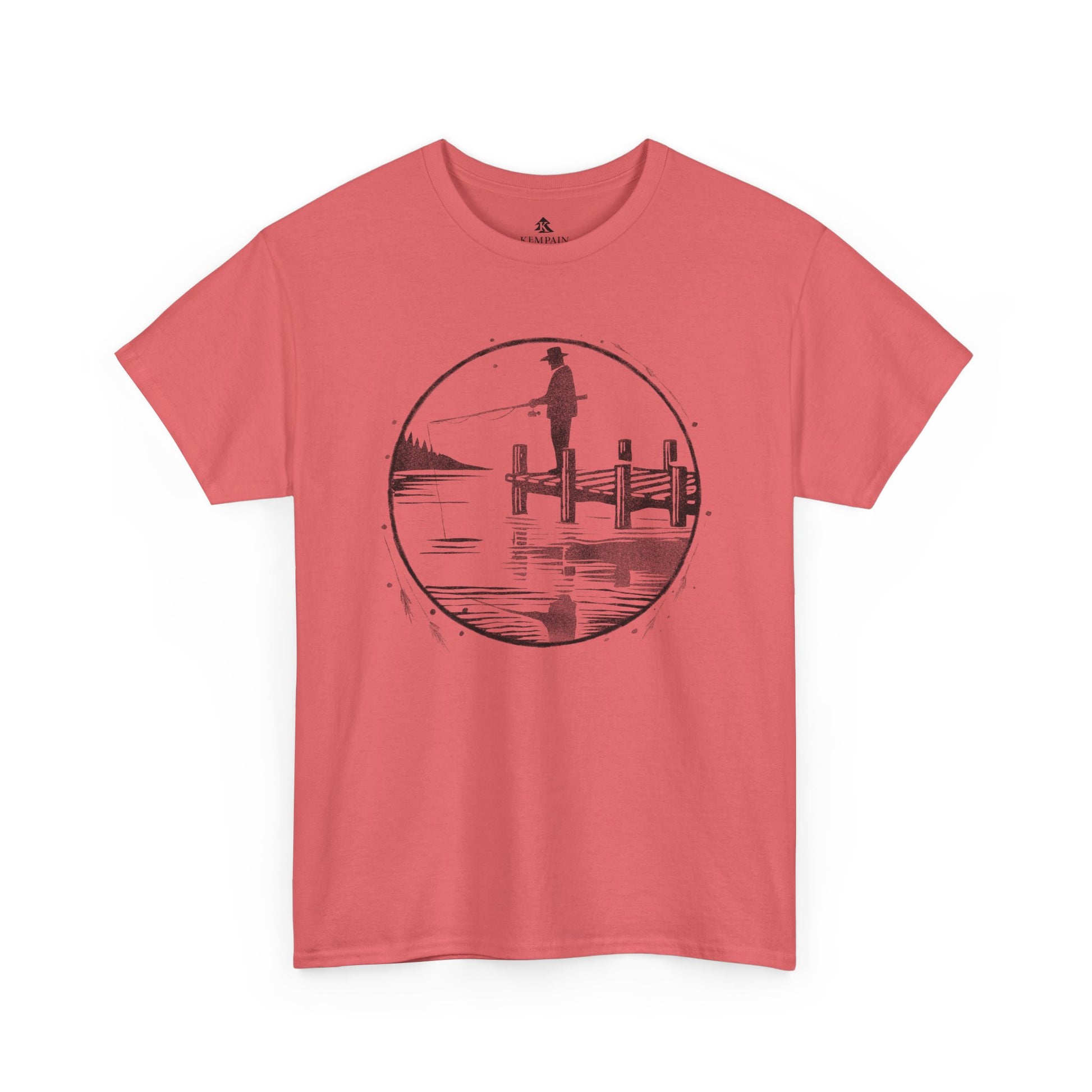 Fisherman Dockside Tee in coral on a white background, showcasing a peaceful fishing-inspired design for nature lovers and fishermen.