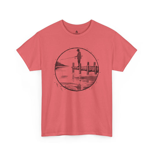 Fisherman Dockside Tee in coral on a white background, showcasing a peaceful fishing-inspired design for nature lovers and fishermen.