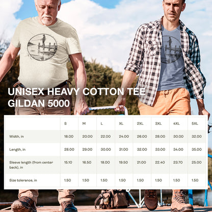 Size chart for Fisherman Dockside Tee, providing detailed measurements for a comfortable and relaxed fit.