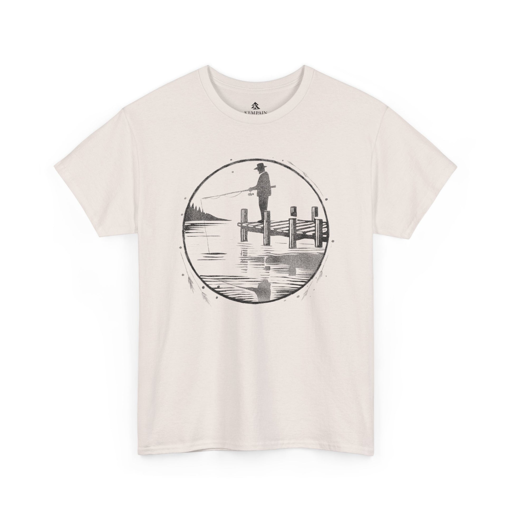 Fisherman Dockside Tee in white on a white background, showcasing a peaceful fishing-inspired design for nature lovers and fishermen.