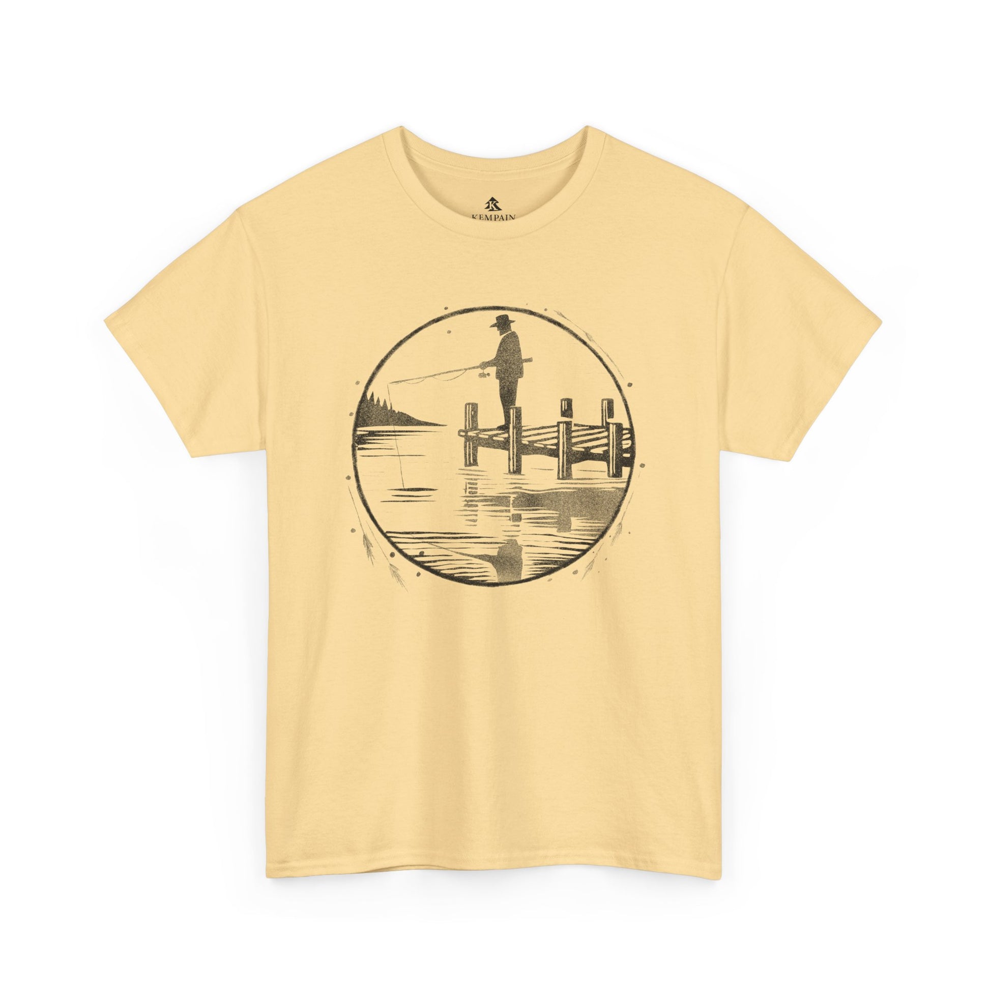 Fisherman Dockside Tee in yellow on a white background, showcasing a peaceful fishing-inspired design for nature lovers and fishermen.