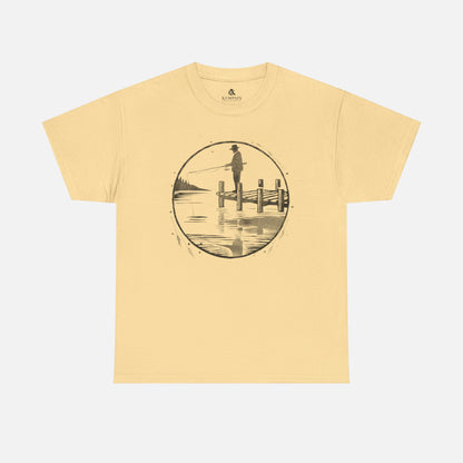 Fisherman Dockside Tee in yellow on a white background, showcasing a peaceful fishing-inspired design for nature lovers and fishermen.